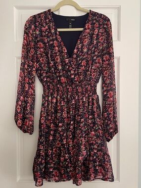 Aqua Black Floral V‑Neck Smocked Waist Dress in Pink & Green Accents